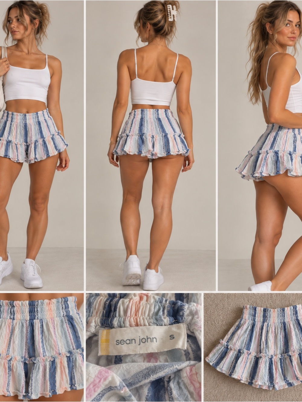 Ocean Drive Striped Ruffle Skater Skirt in Blue, Pink & Cream